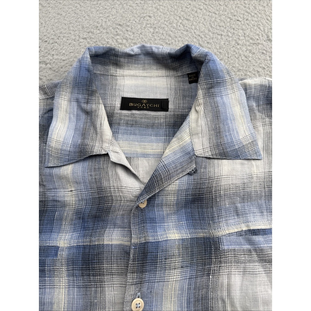 Bugatchi Shirt Mens Large Blue Plaid Linen Short Sleeve Button Front Casual Slim